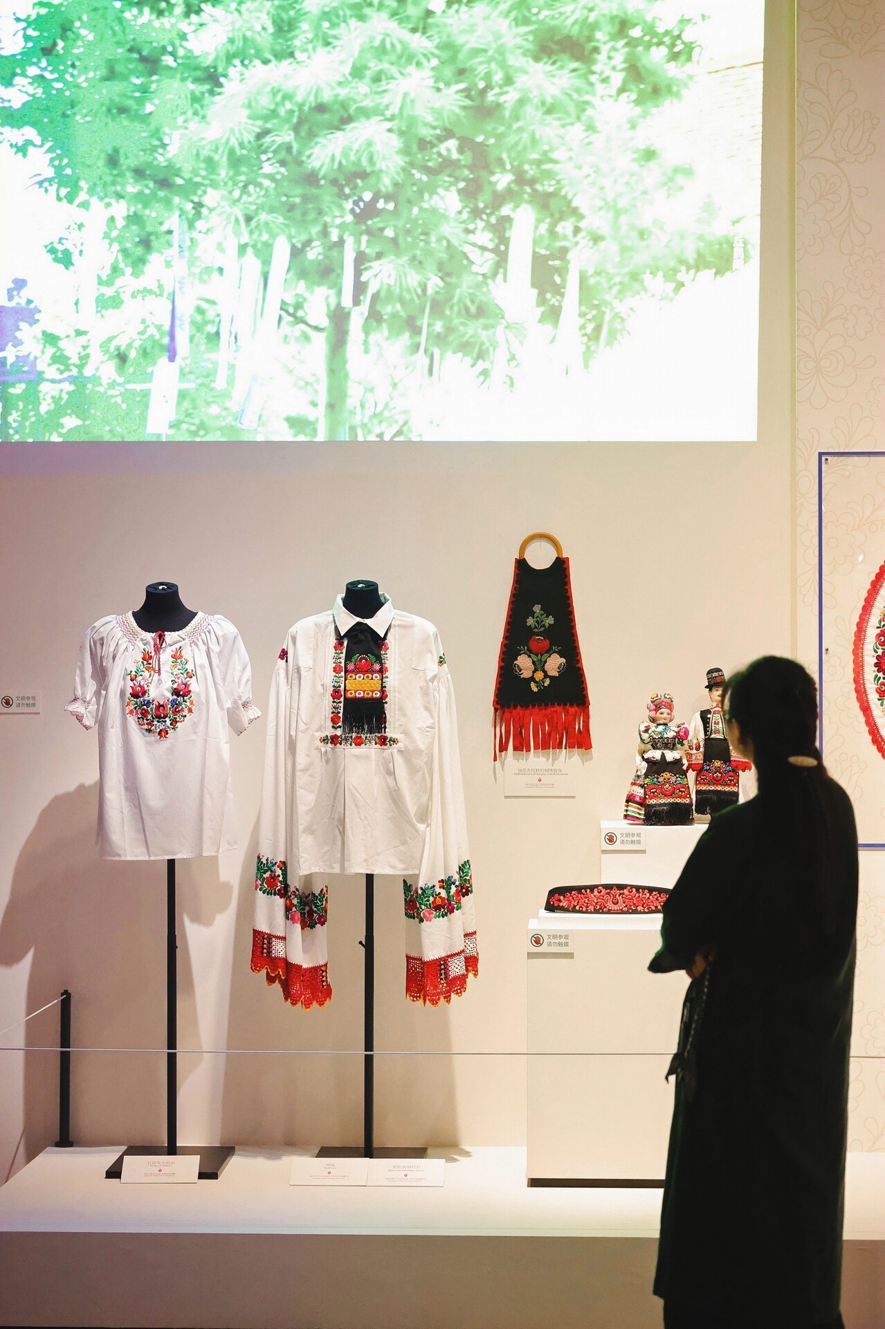 Installation view of Songs of Life Along the Danube at the Zhejiang Intangible Cultural Heritage Museum, showing embroidered Hungarian garments on mannequins, a black-and-red embroidered hanging, folk dolls, and a large projected image of green trees, with a visitor silhouetted in the foreground.