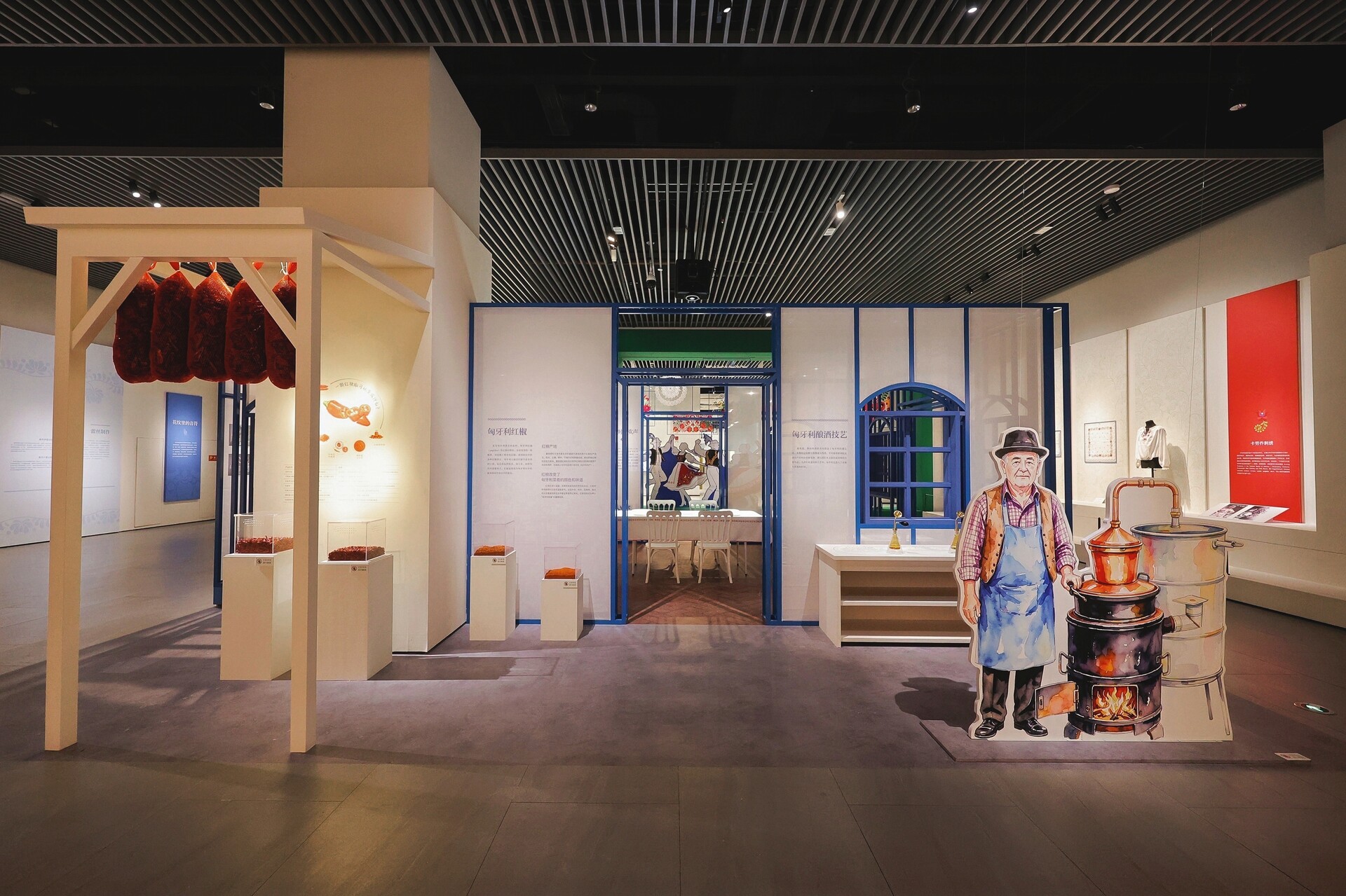 “多瑙河畔的生活之歌：匈牙利非物质文化遗产展”展厅现场，画面可见匈牙利红椒、酿酒技艺、刺绣和生活场景等展区，配有蓝色框架空间与人物立牌。